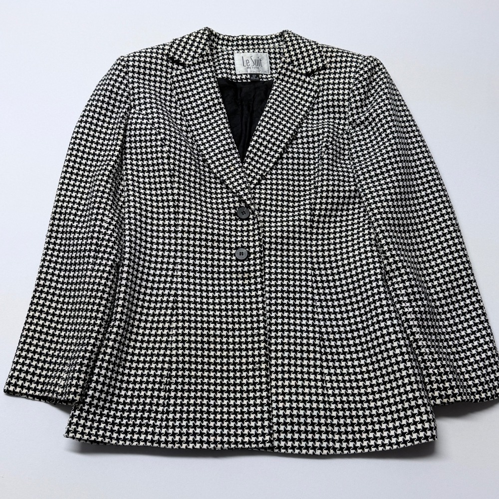 Le Suit Petite Houndstooth Blazer Black White 2 Button Jacket 6P Officecore